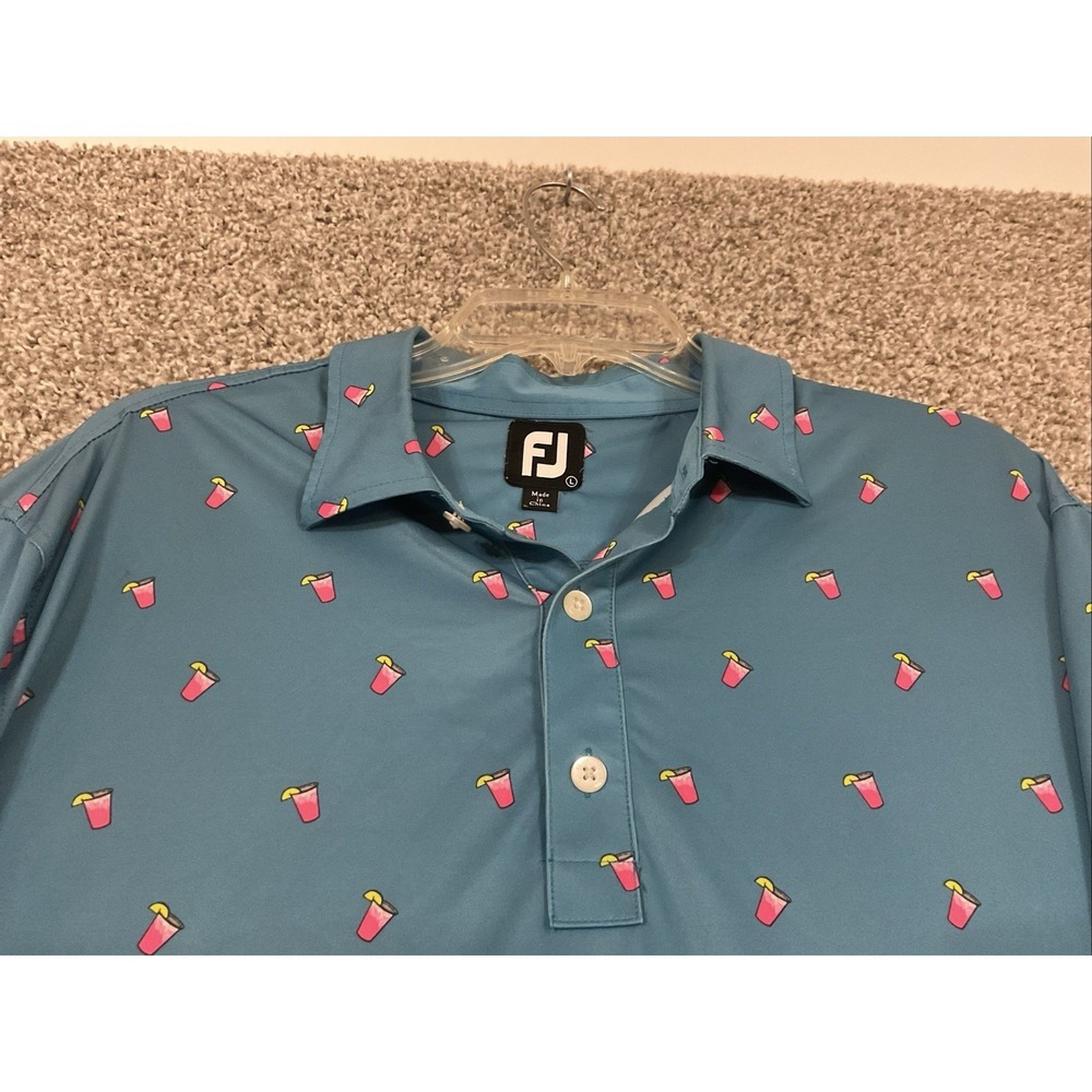 FootJoy FJ Golf Polo Shirt Men's Blue Cocktail Drink Hawaiian Print Polo Sz L - Picture 2 of 8